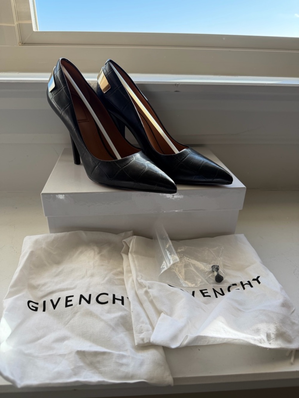 Givenchy Black Quilted Leather Pointed Pumps with Gold Heel Accent